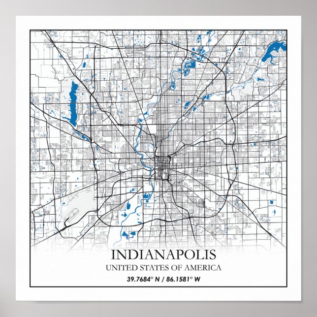 Poster Mapa da Cidade Viagem de Indianapolis Indiana EUA (Frente)