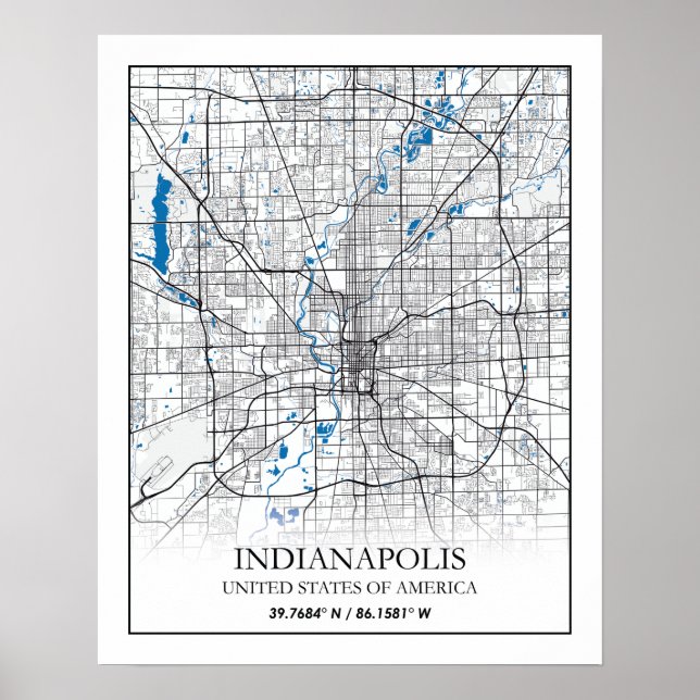 Poster Mapa da Cidade Viagem de Indianapolis Indiana EUA (Frente)