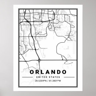 Poster Mapa da Cidade Viagem de Orlando Florida EUA