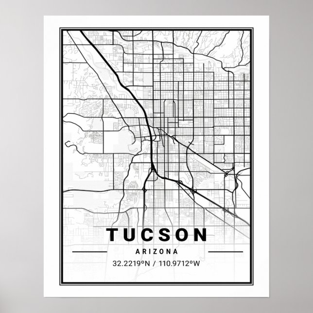Poster Mapa da Cidade Viagem de Tucson Arizona EUA (Frente)
