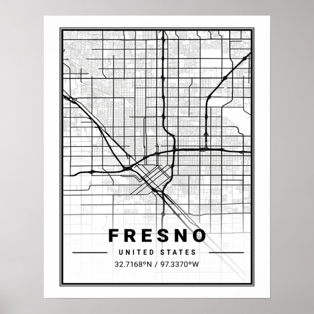 Poster Mapa da Cidade Viagem do Fresno California USA (Frente)