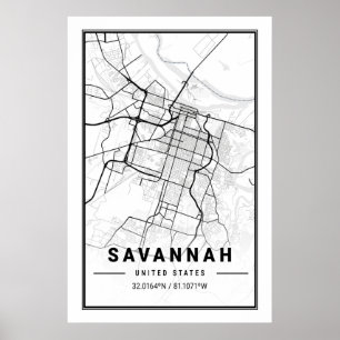 Poster Mapa da Cidade Viagem nos EUA de Savannah Georgia