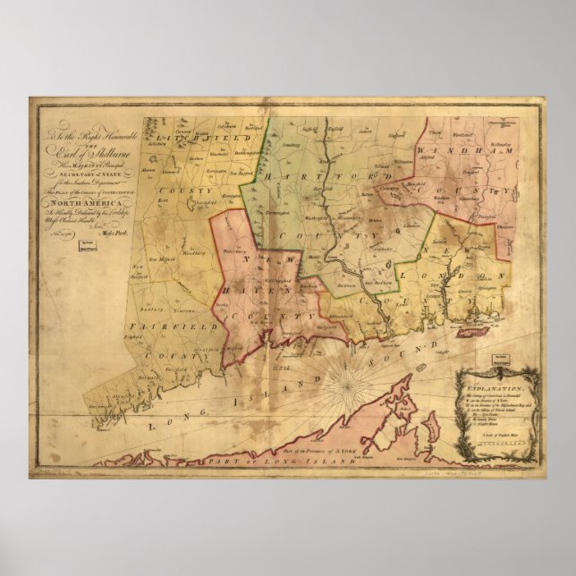 Póster Mapa da Colônia de Connecticut em 1766 (Frente)