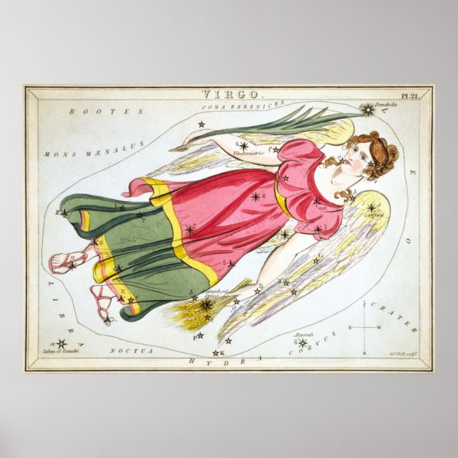 Poster Mapa da Constelação de Vintage Virgo (1825) (Frente)