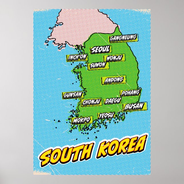 Poster Mapa da Coreia do Sul ilustrado em Pop Art (Frente)