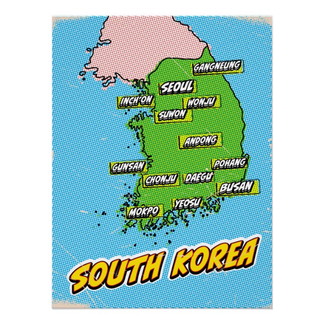 Póster Mapa da Coreia do Sul ilustrado em Pop Art (Frente)