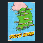 Poster Mapa da Coreia do Sul Ilustrado por pop Art<br><div class="desc">Um mapa do estilo pop da Coreia do Sul com um fundo azul brilhante e um padrão pontilhado.</div>