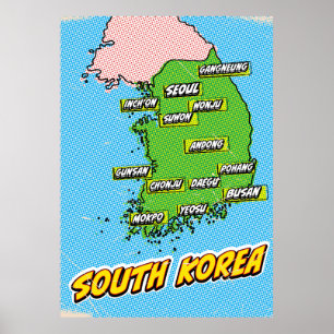 Poster Mapa da Coreia do Sul Ilustrado por pop Art