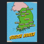Póster Mapa da Coreia do Sul Ilustrado por pop Art<br><div class="desc">Um mapa do estilo pop da Coreia do Sul com um fundo azul brilhante e um padrão pontilhado.</div>