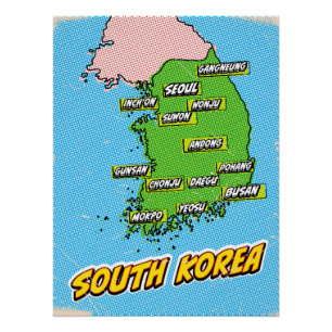 Póster Mapa da Coreia do Sul Ilustrado por pop Art