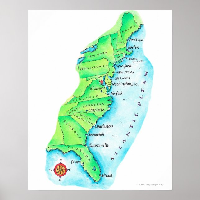 Poster Mapa da Costa Leste Americana (Frente)