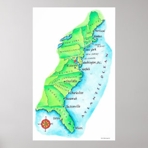Póster Mapa da costa leste americana