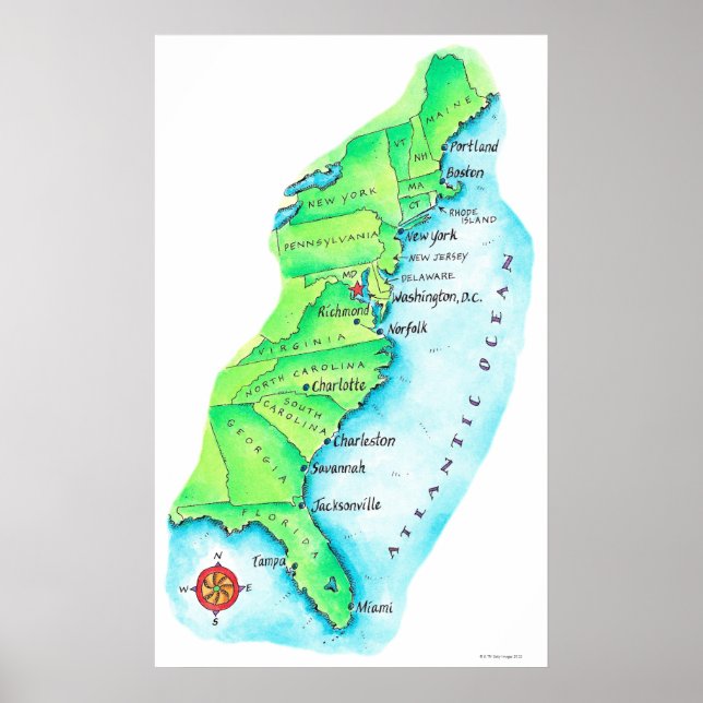 Póster Mapa da Costa Leste Americana (Frente)