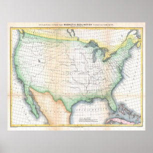 Póster Mapa da declinação magnética dos Estados Unidos