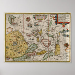 Póster Mapa da era do renascimento na Ásia em 1596