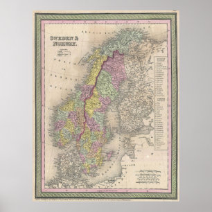 Poster Mapa da Escandinávia em Vintage (1850)