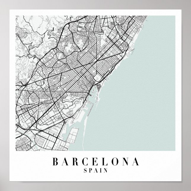 Poster Mapa da Espanha de Barcelona Blue Water Street (Frente)