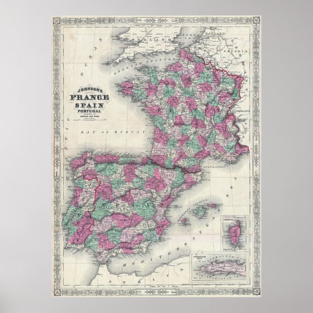 Poster Mapa da Espanha e da França (1865) (Frente)