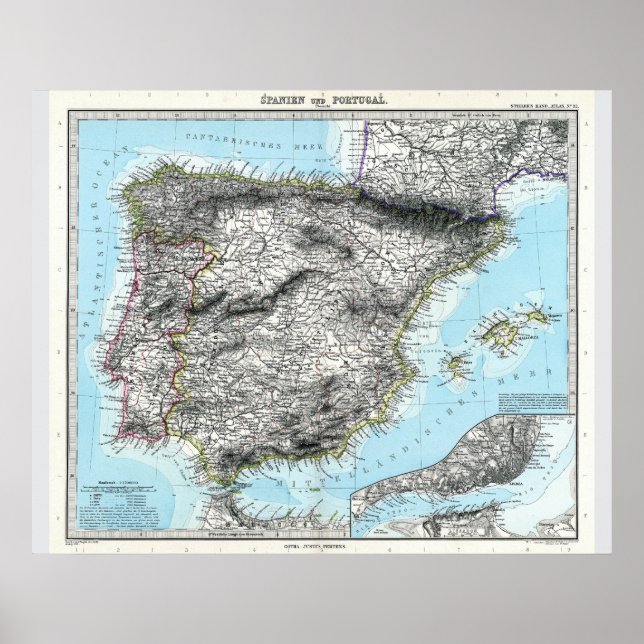 Poster Mapa da Espanha e de Portugal (1891) (Frente)