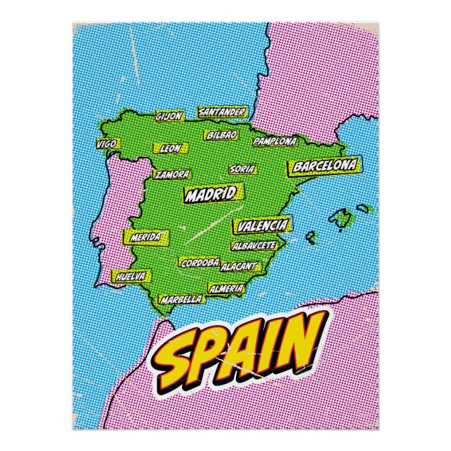 Póster Mapa da Espanha ilustrado em Pop Art (Frente)