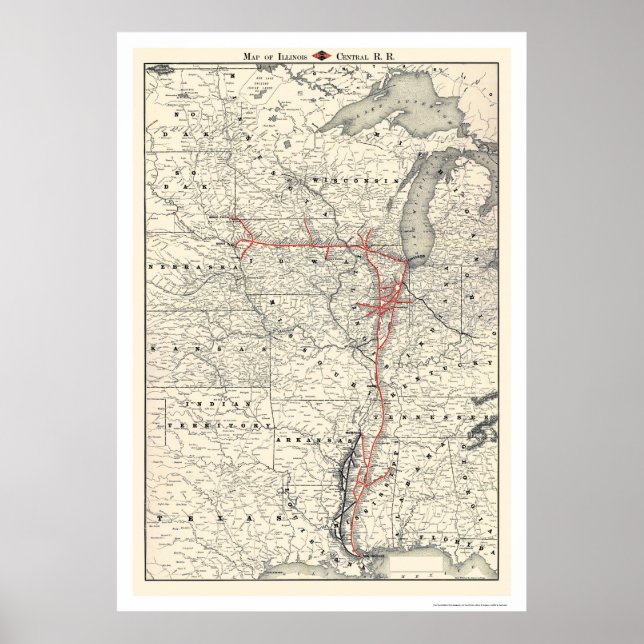 Poster Mapa da Estrada de Ferro Central de Illinois em 18 (Frente)