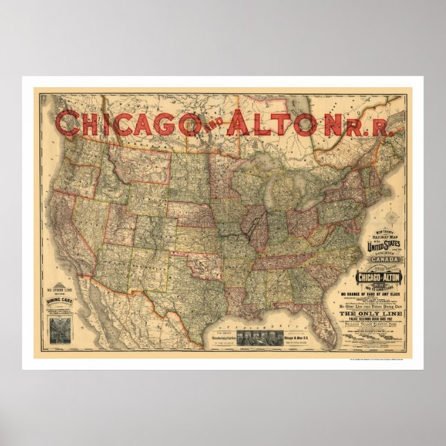 Póster Mapa da Estrada de Ferro Chicago e Alton 1883 (Frente)