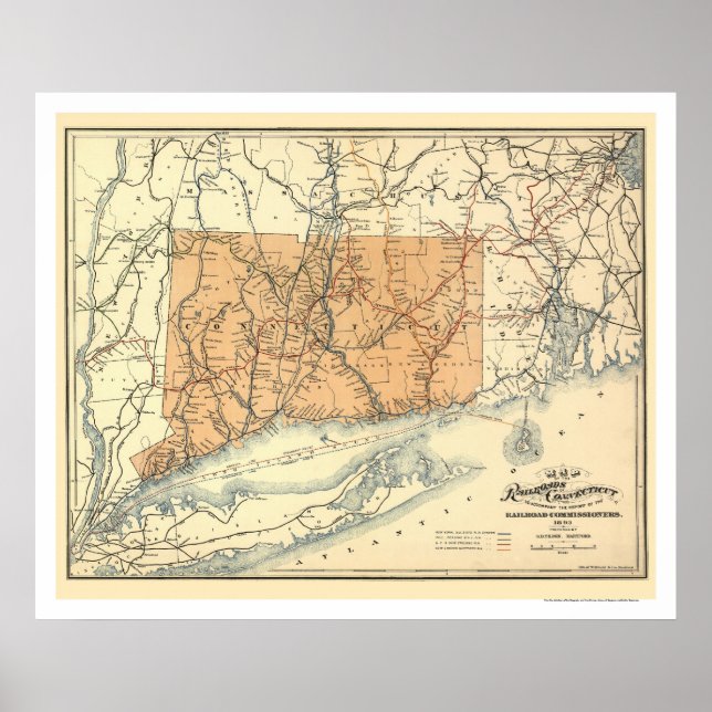 Poster Mapa da Estrada de Ferro de Connecticut 1893 (Frente)