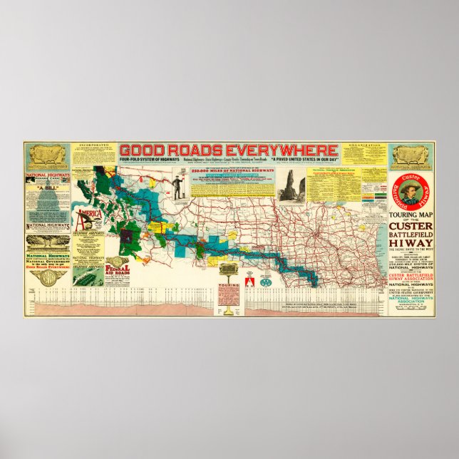 Póster Mapa da Estrada do Campo de Batalha de Custer (Frente)