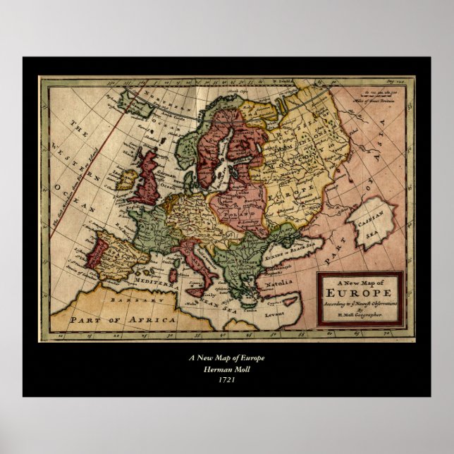 Póster Mapa da Europa do Antiquário 1721 por Herman Moll (Frente)