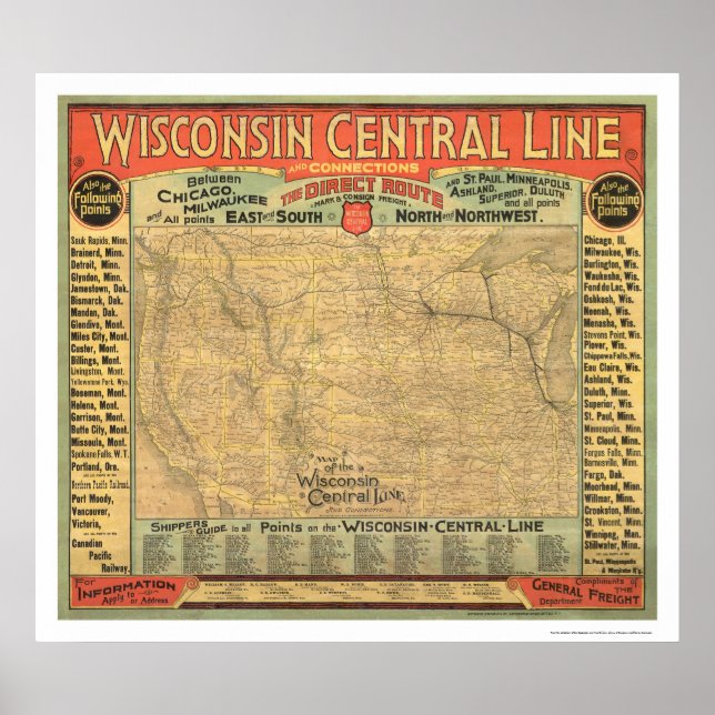 Poster Mapa da Ferrovia Central de Wisconsin, 1882 (Frente)