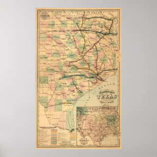 Póster Mapa da ferrovia cinza do Texas (1877)