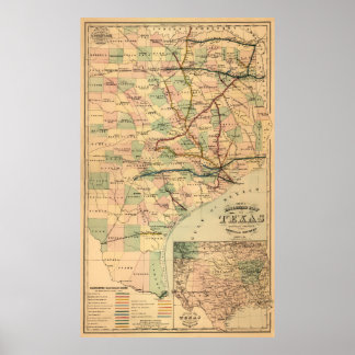 Póster Mapa da ferrovia cinza do Texas (1877)
