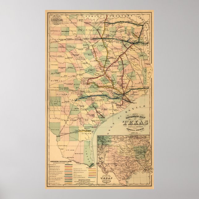 Póster Mapa da ferrovia cinza do Texas (1877) (Frente)