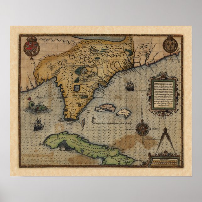 Póster Mapa da Flórida e do Caribe (1588) (Frente)