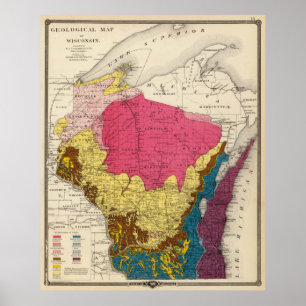 Poster Mapa da geologia de Wisconsin do vintage (1878)