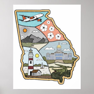 Poster Mapa da Geórgia - Vintage Atlanta Savannah GA Souv