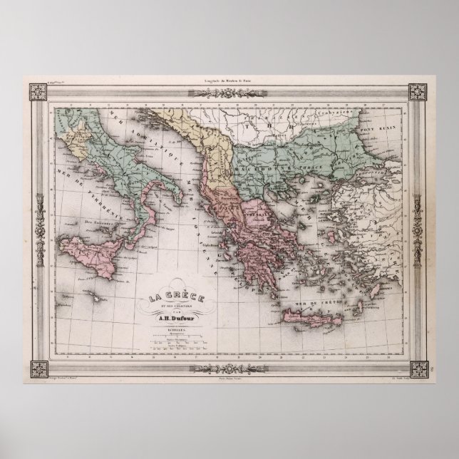 Póster Mapa da Grécia e da Itália (1852) (Frente)