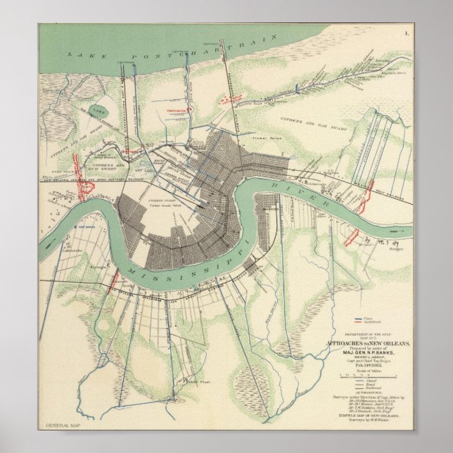 Póster Mapa da Guerra Civil de Nova Orleans, 1863 (Frente)