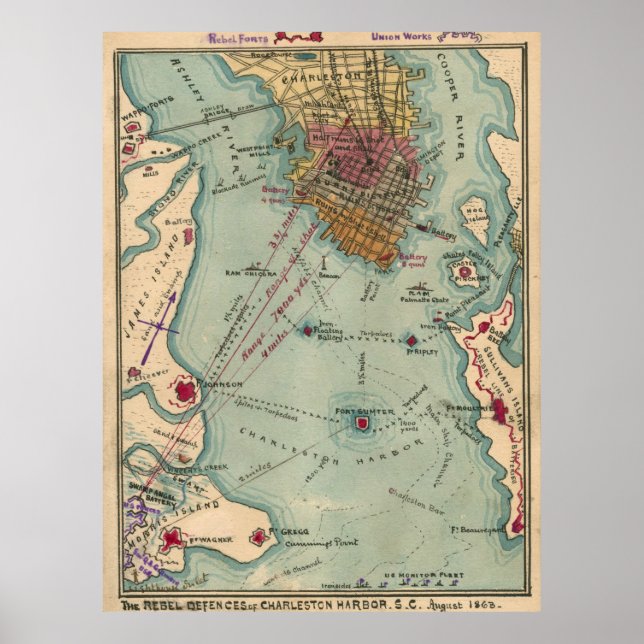 Póster Mapa da Guerra Civil de Vintage Charleston SC (186 (Frente)