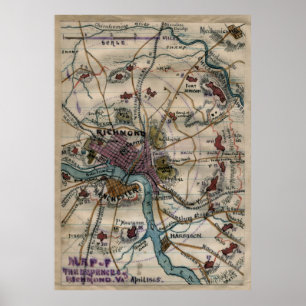 Poster Mapa da Guerra Civil de Vintage Richmond Virginia 