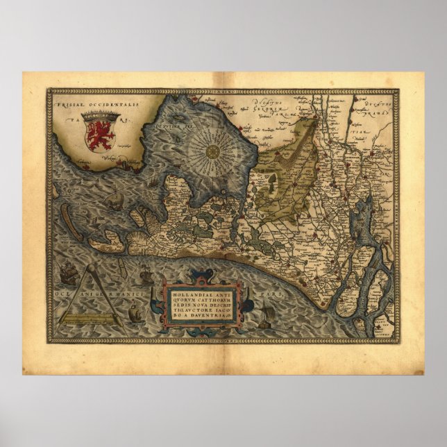 Póster Mapa da Holanda 1570 - Abraham Ortelius (Frente)
