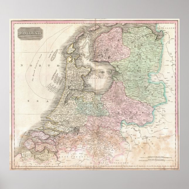 Póster Mapa da Holanda 1818 - John Pinkerton (Frente)