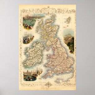 Poster Mapa da Ilha Britânica Vintage - década de 1850