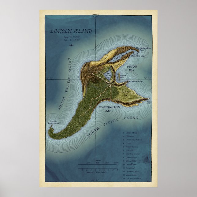 Poster Mapa da Ilha de Lincoln de Jules Verne (Frente)