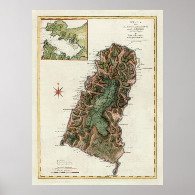 Poster Mapa da Ilha de Lúcia, Rua antiga (1794) (Frente)