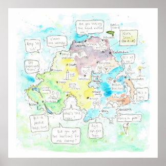 Poster Mapa da Irlanda do Norte Quirky com dizeres.