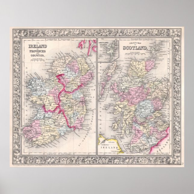 Póster Mapa da Irlanda e da Escócia (1864) (Frente)