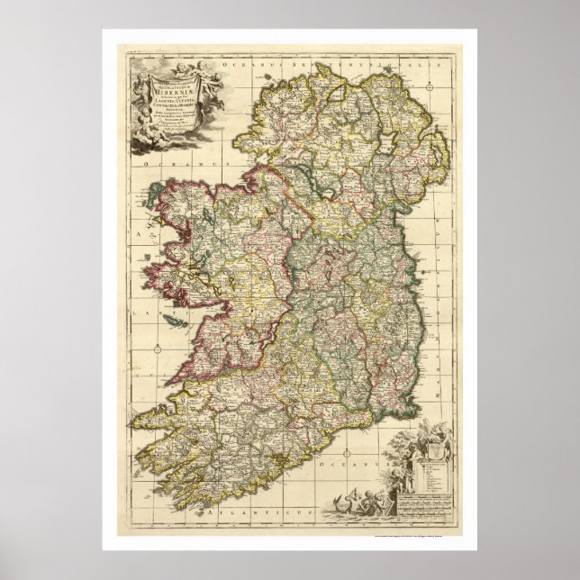 Póster Mapa da Irlanda por Frederik de Wit 1710 (Frente)