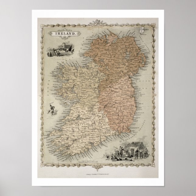 Póster Mapa da Irlanda, publicado em c.1850 (texto origin (Frente)