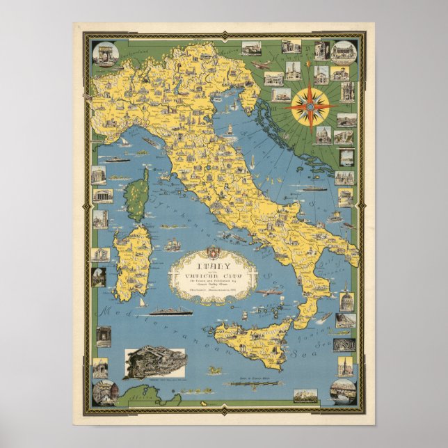 Poster Mapa da Itália com Cidade do Vaticano (Frente)